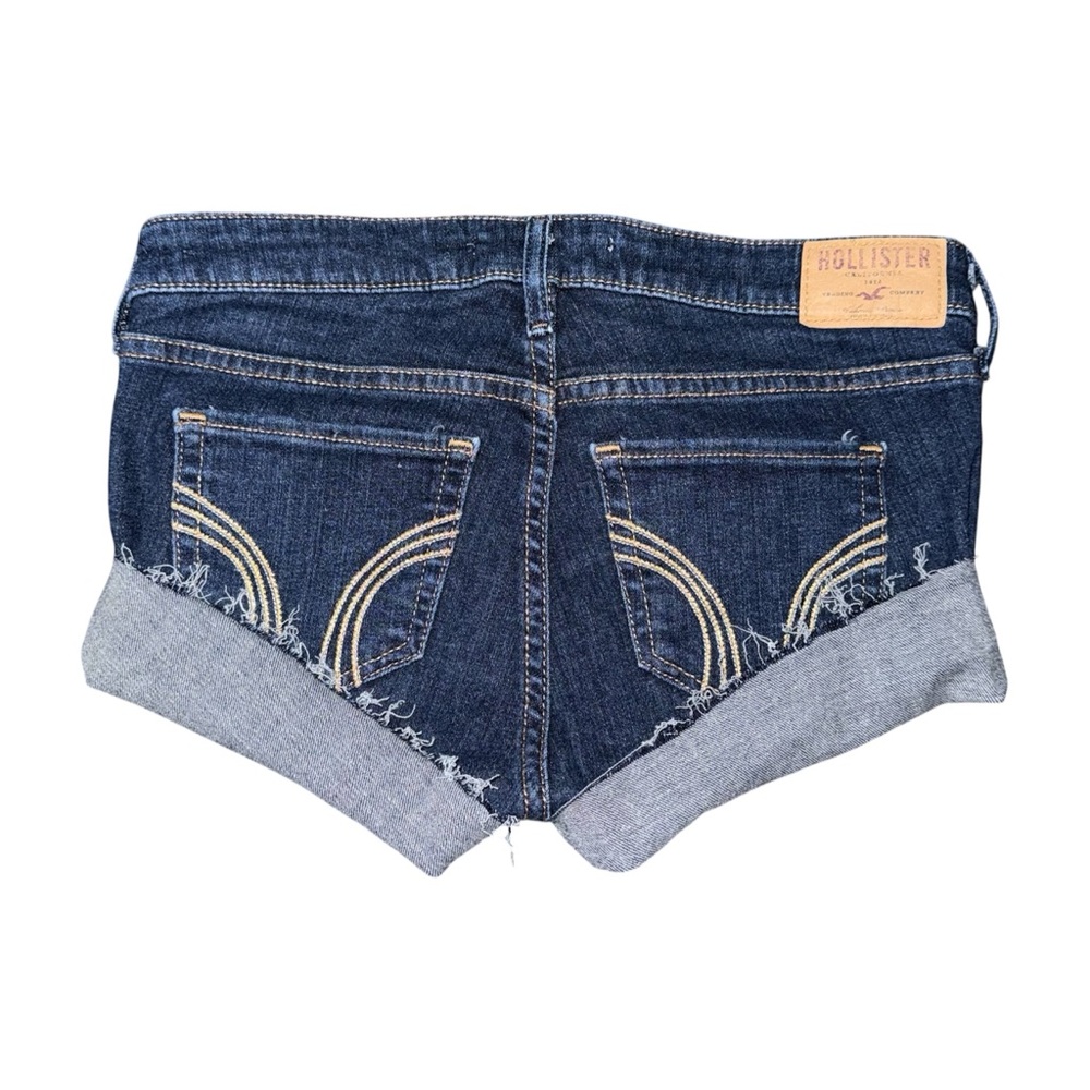 Hollister Low Rise Micro Mini Jean Shorts Sz 5 / 27 Dark Frayed Logo Y2K Preppy
